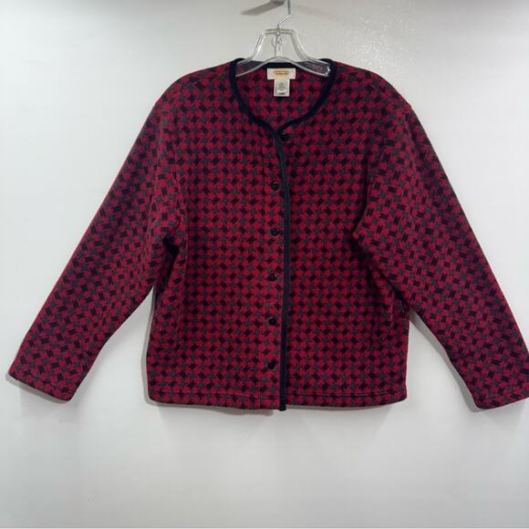 Talbots Womens Sweater Jacket Red Black Houndstooth Button Front Size M - Picture 1 of 9